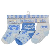 S502: Blue 3 Pack Turnover Socks (0-12 Months)